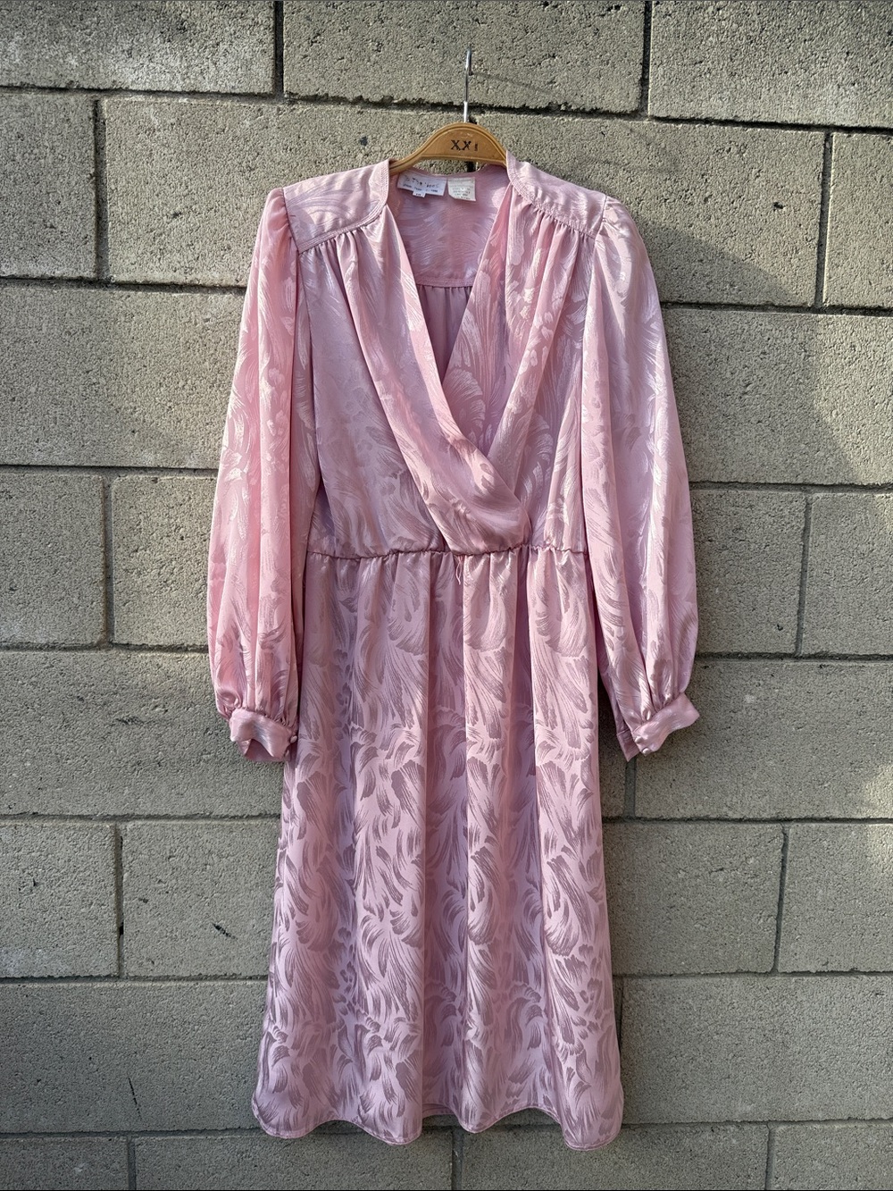 Vintage Blush Pink Long Sleeve Wrap-Style Midi Dress